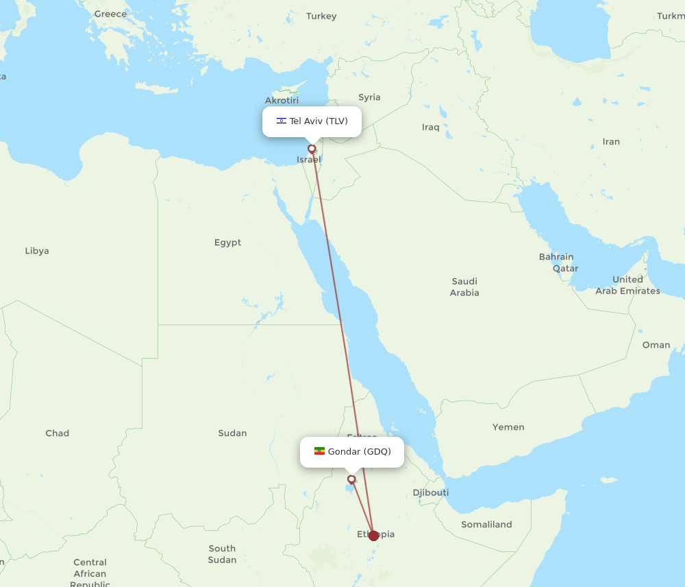 GDQ to TLV flights and routes map