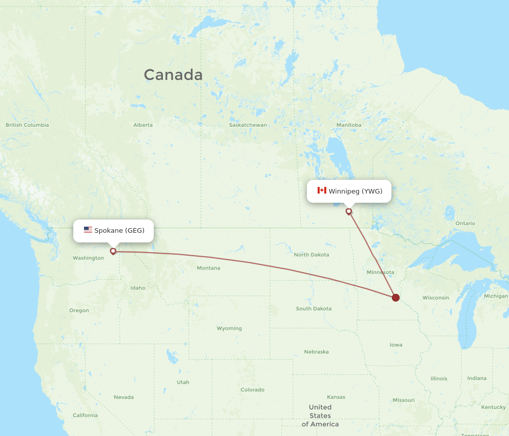 Winnipeg - Spokane route map and flight paths