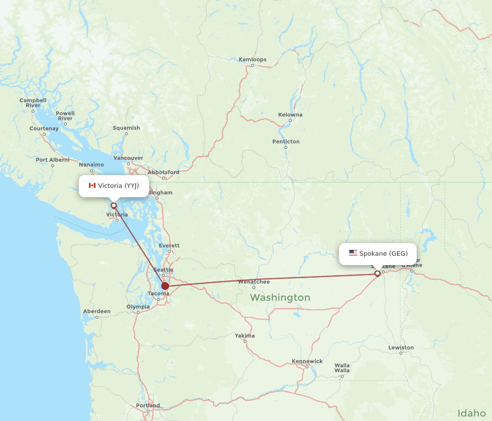 Victoria - Spokane route map and flight paths