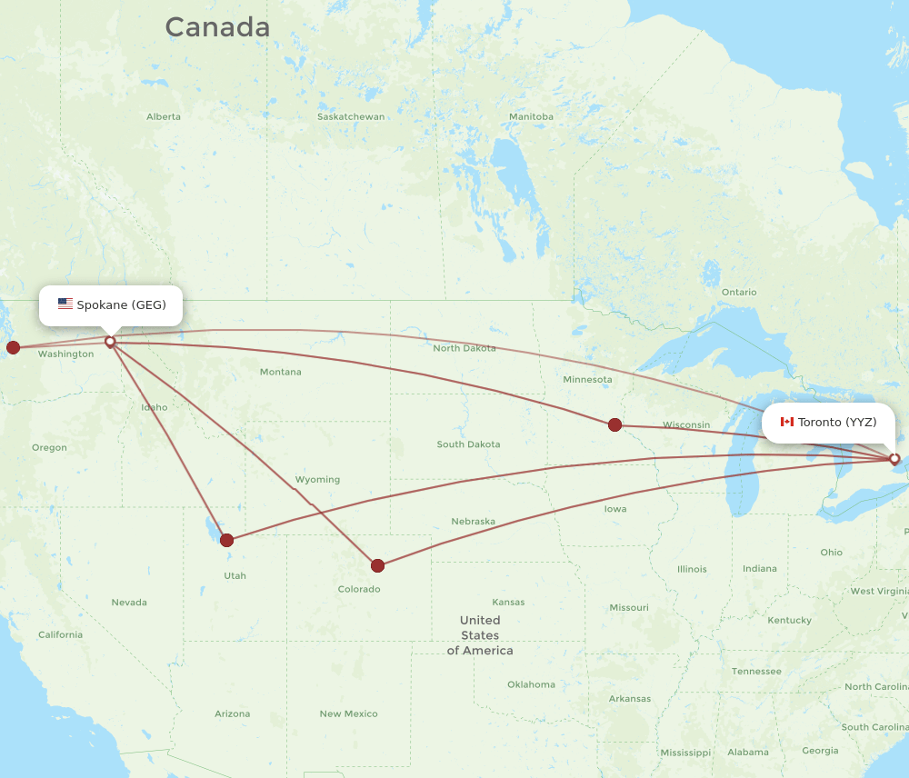 Toronto - Spokane route map and flight paths