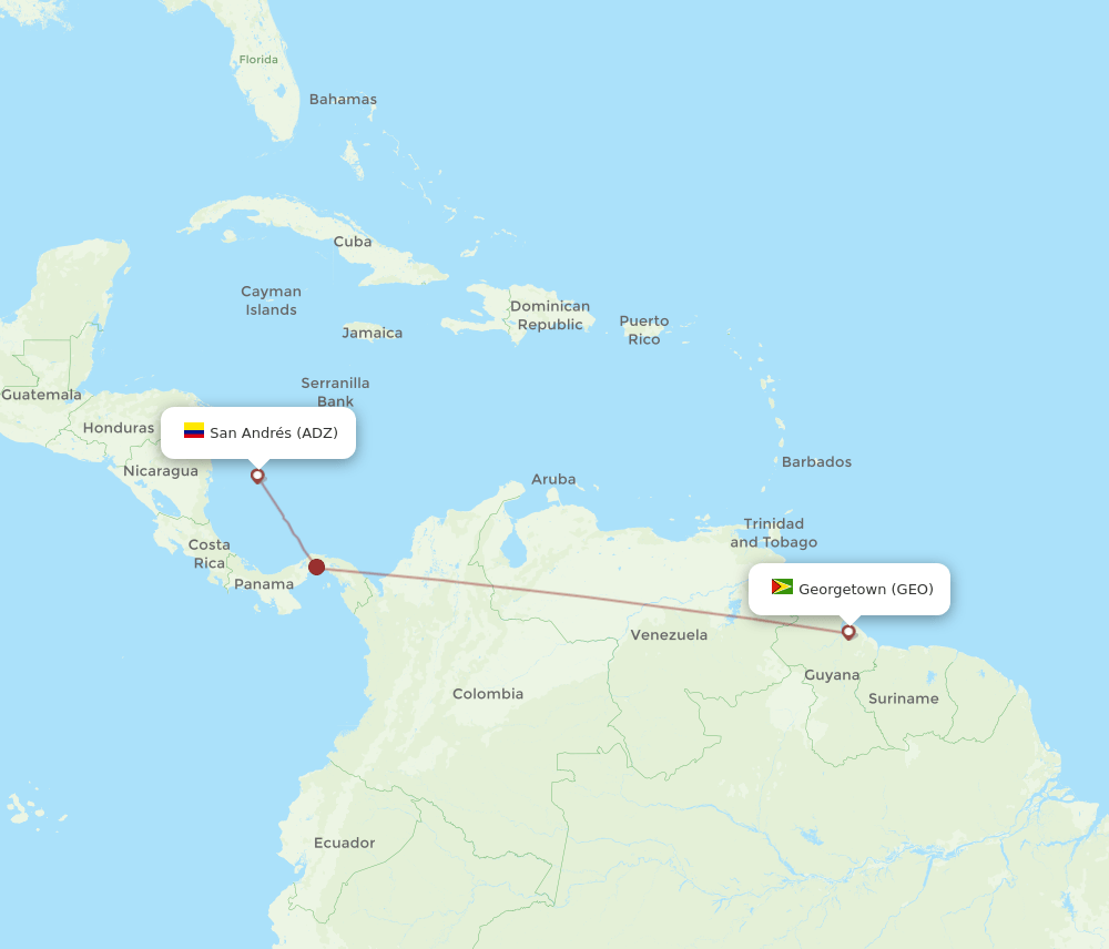 San Andres Island - Georgetown route map and flight paths