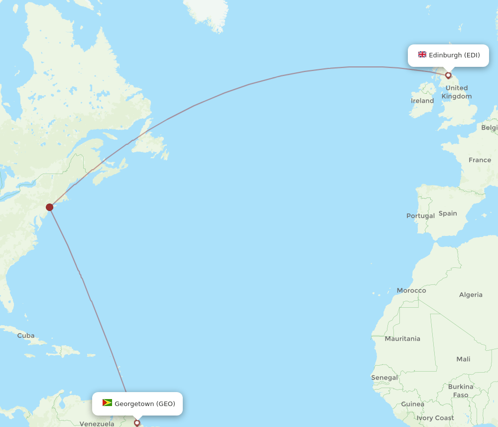Edinburgh - Georgetown route map and flight paths
