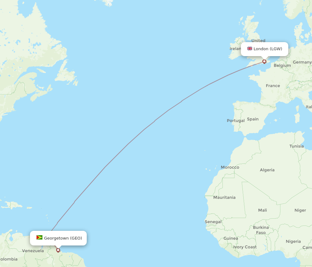 London - Georgetown route map and flight paths