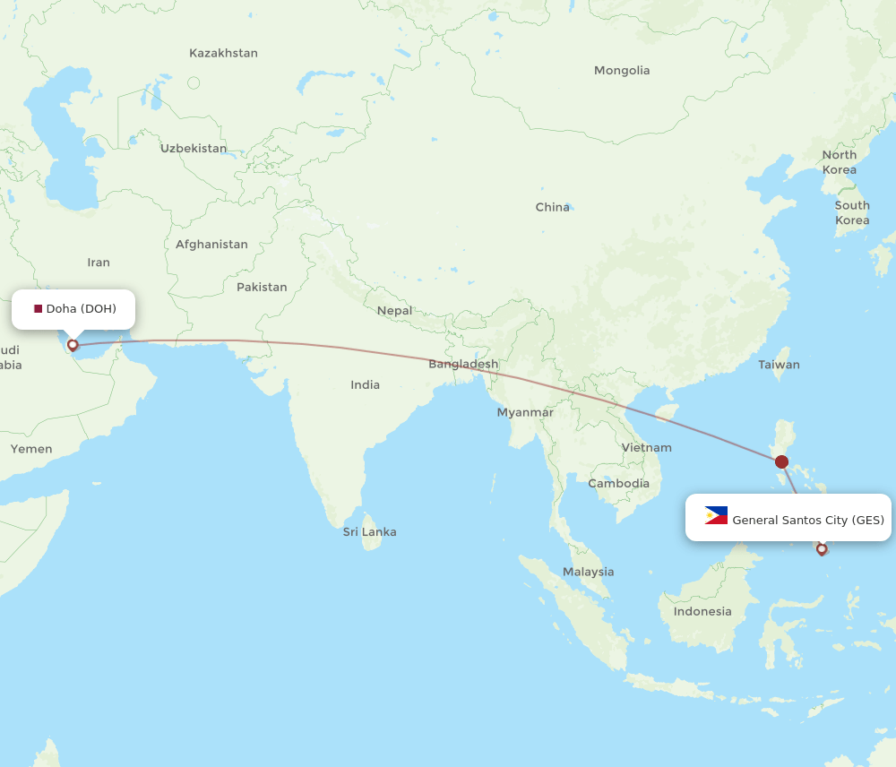 Doha - General Santos City route map and flight paths