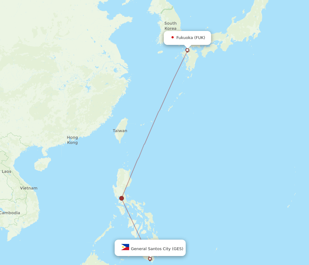 Fukuoka - General Santos City route map and flight paths