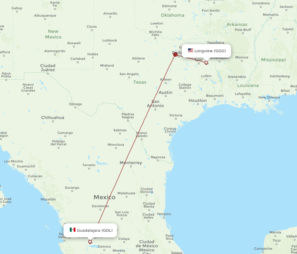 GGG-GDL flight routes