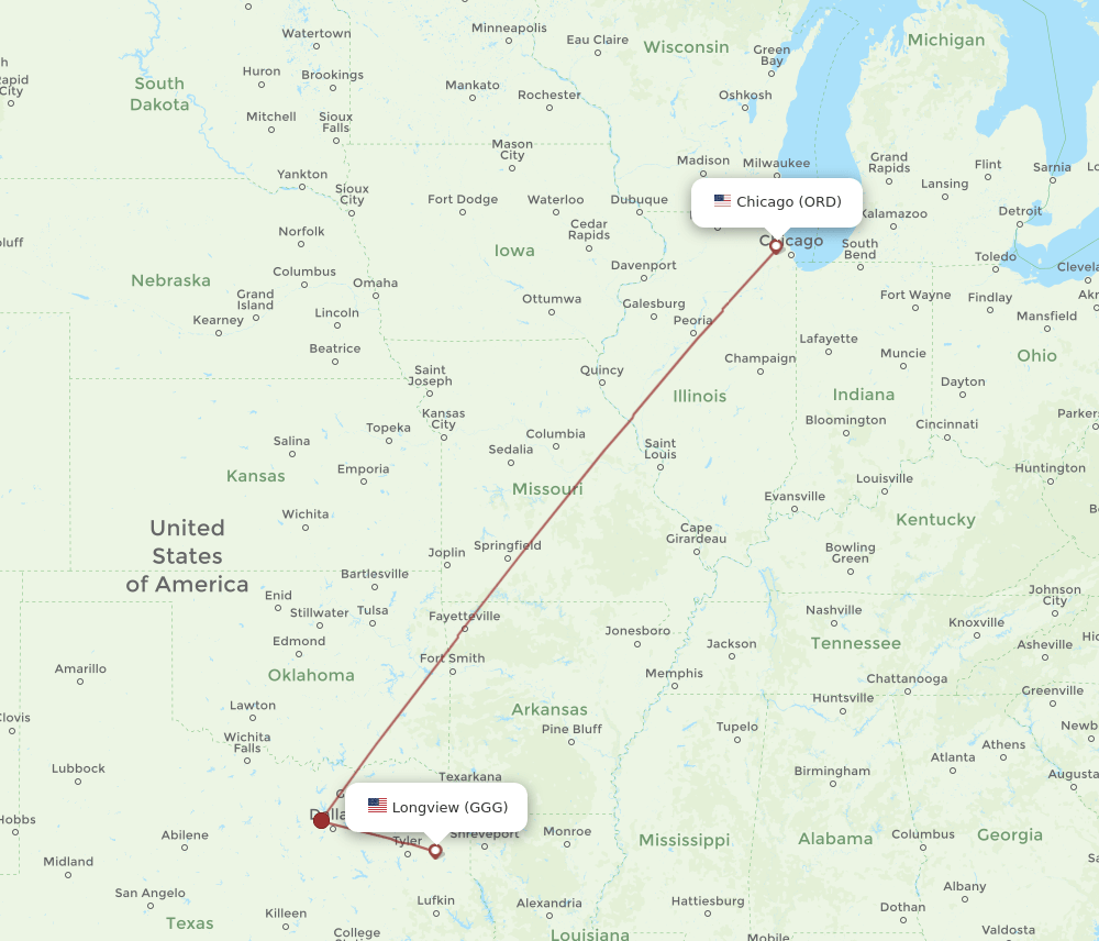 GGG-ORD flight routes