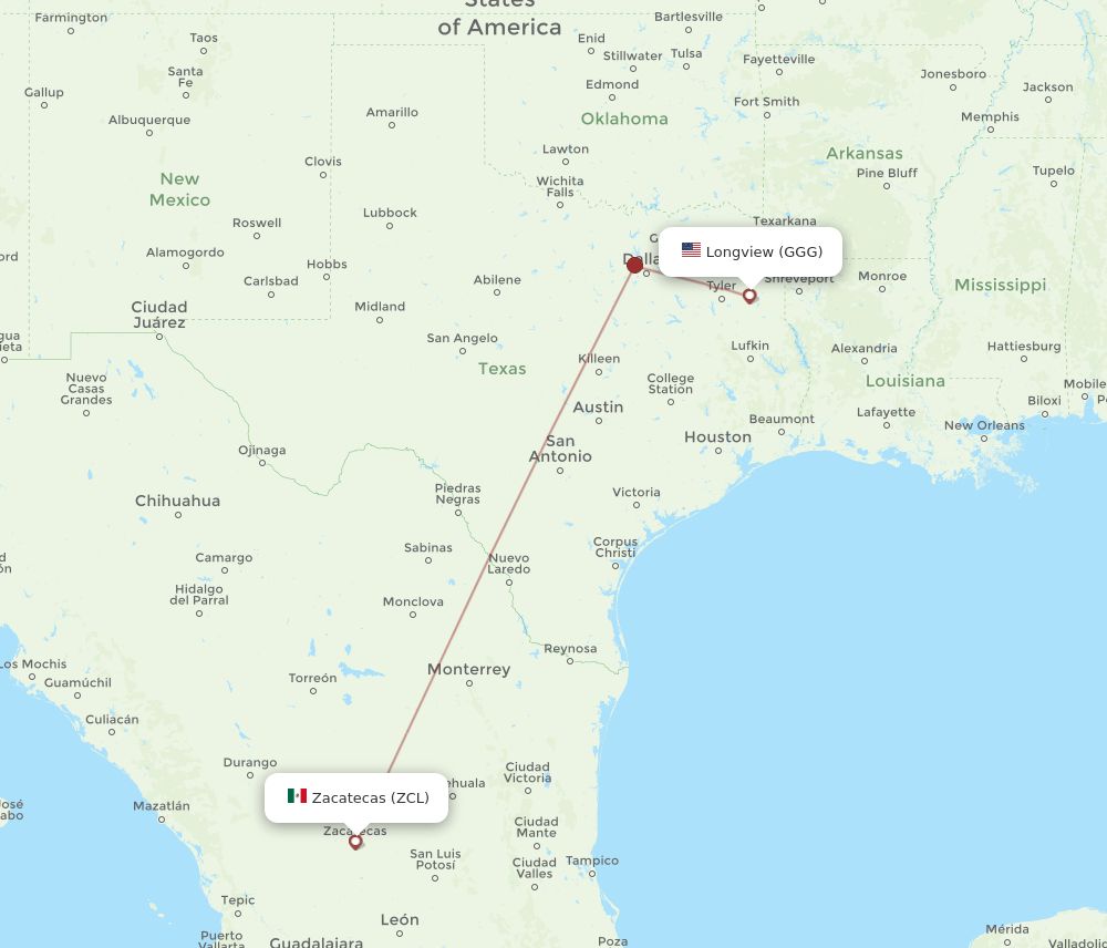 ZCL to GGG flights and routes map