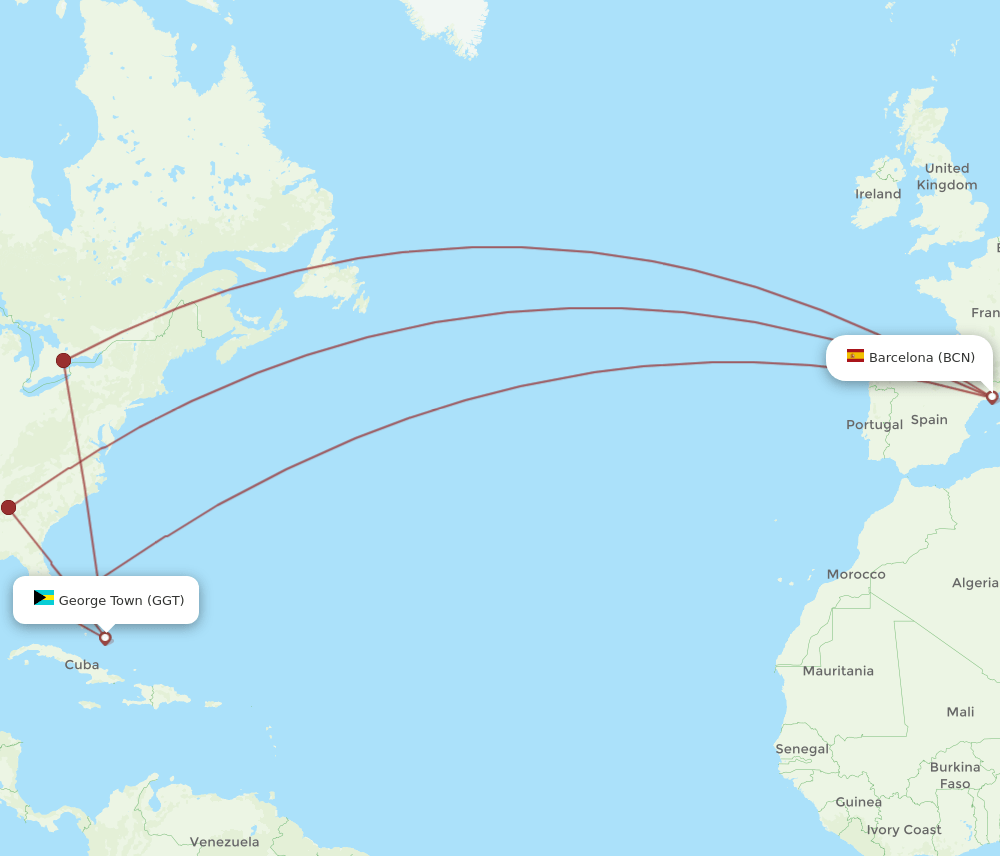 GGT to BCN flights and routes map