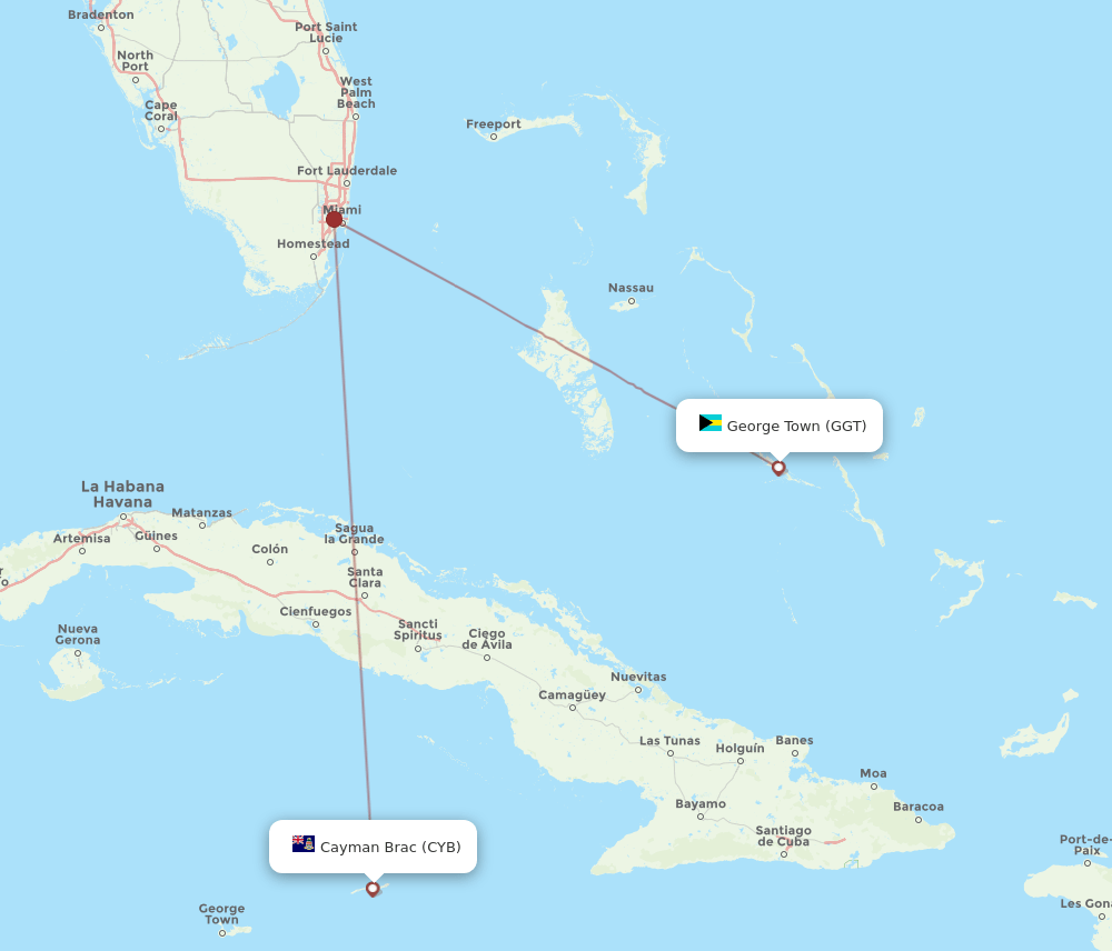 Cayman Brac Island - George Town route map and flight paths