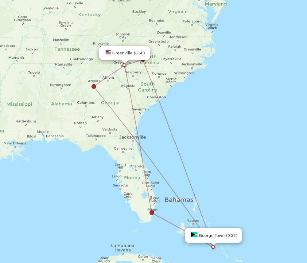 GGT to GSP flights and routes map