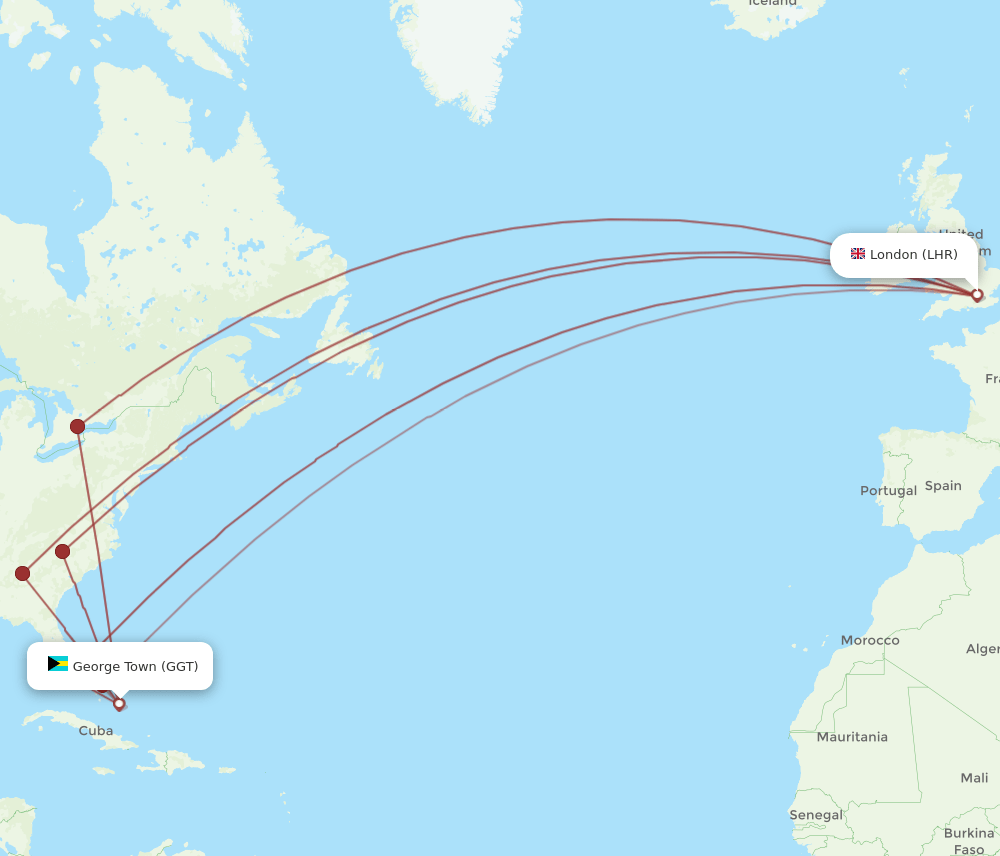 GGT to LHR flights and routes map