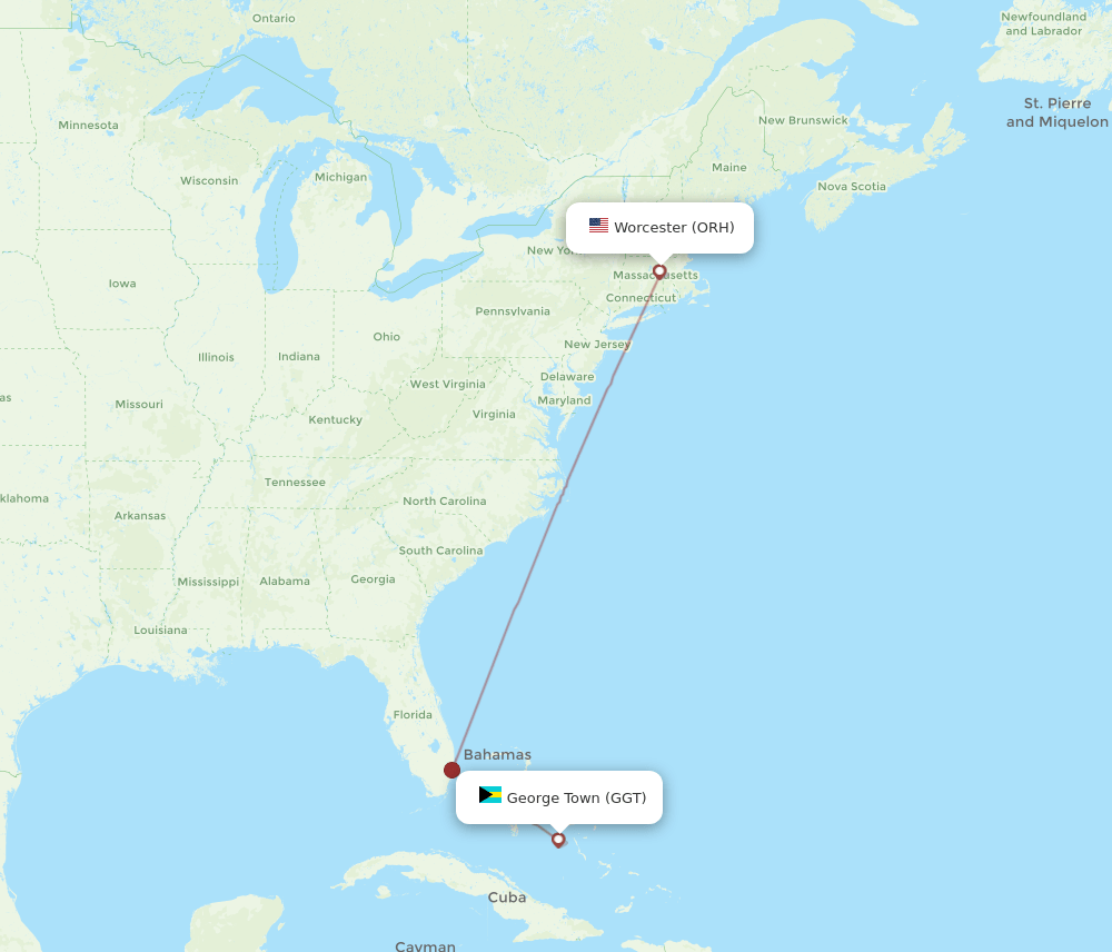George Town - Worcester route map and flight paths