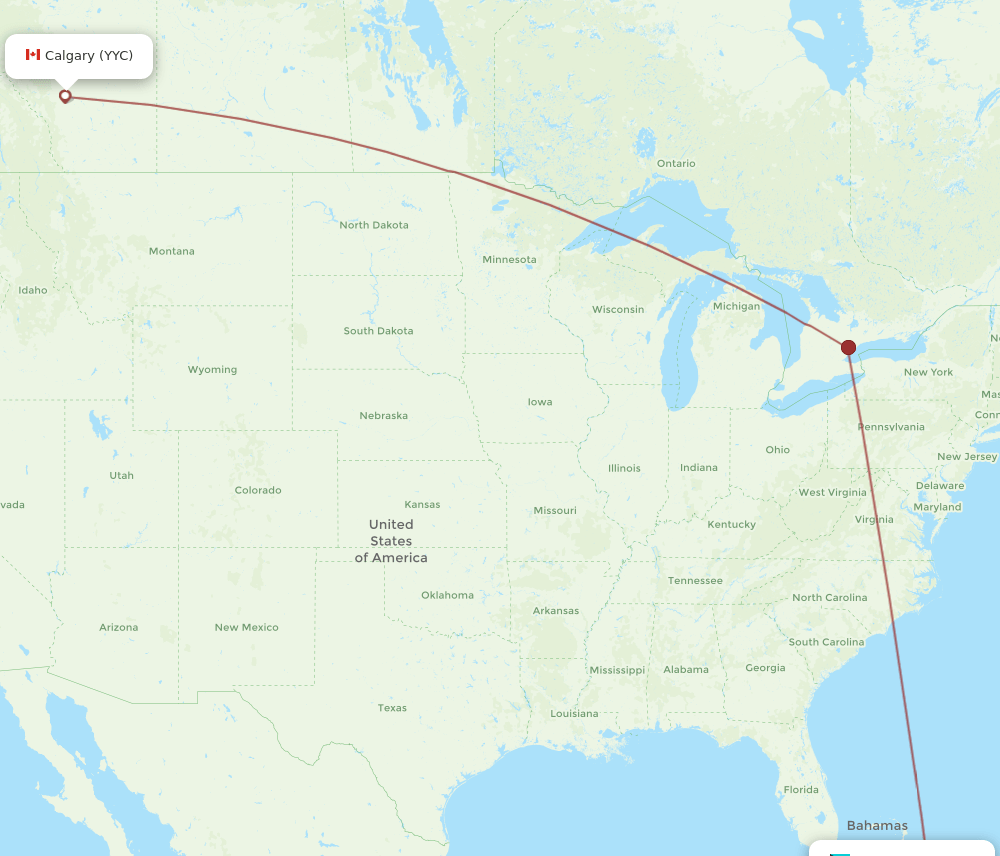 Calgary - George Town route map and flight paths
