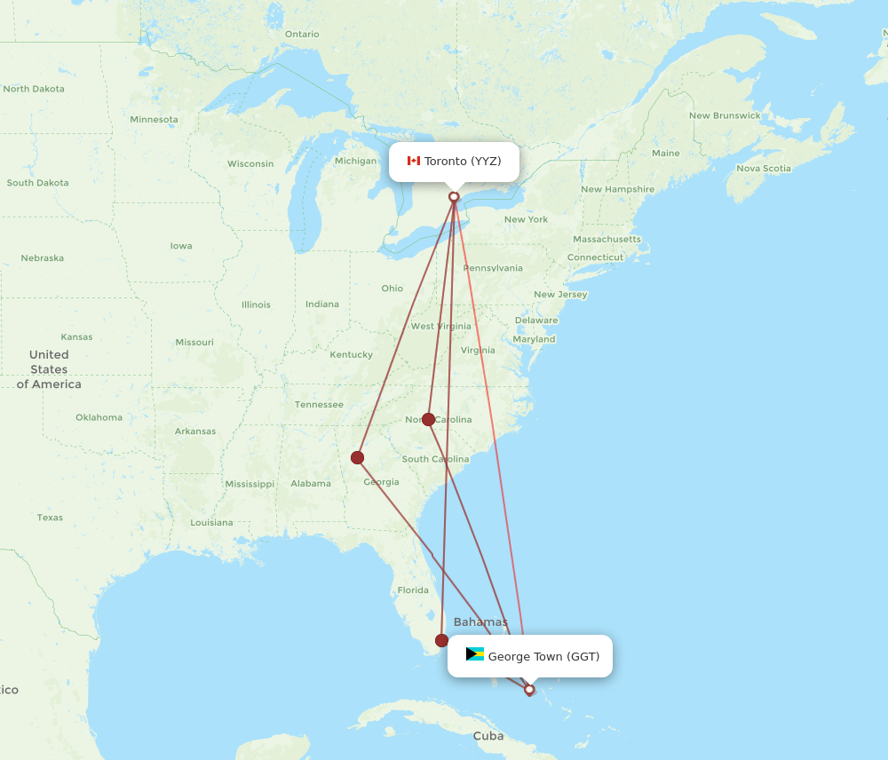 GGT to YYZ flights and routes map