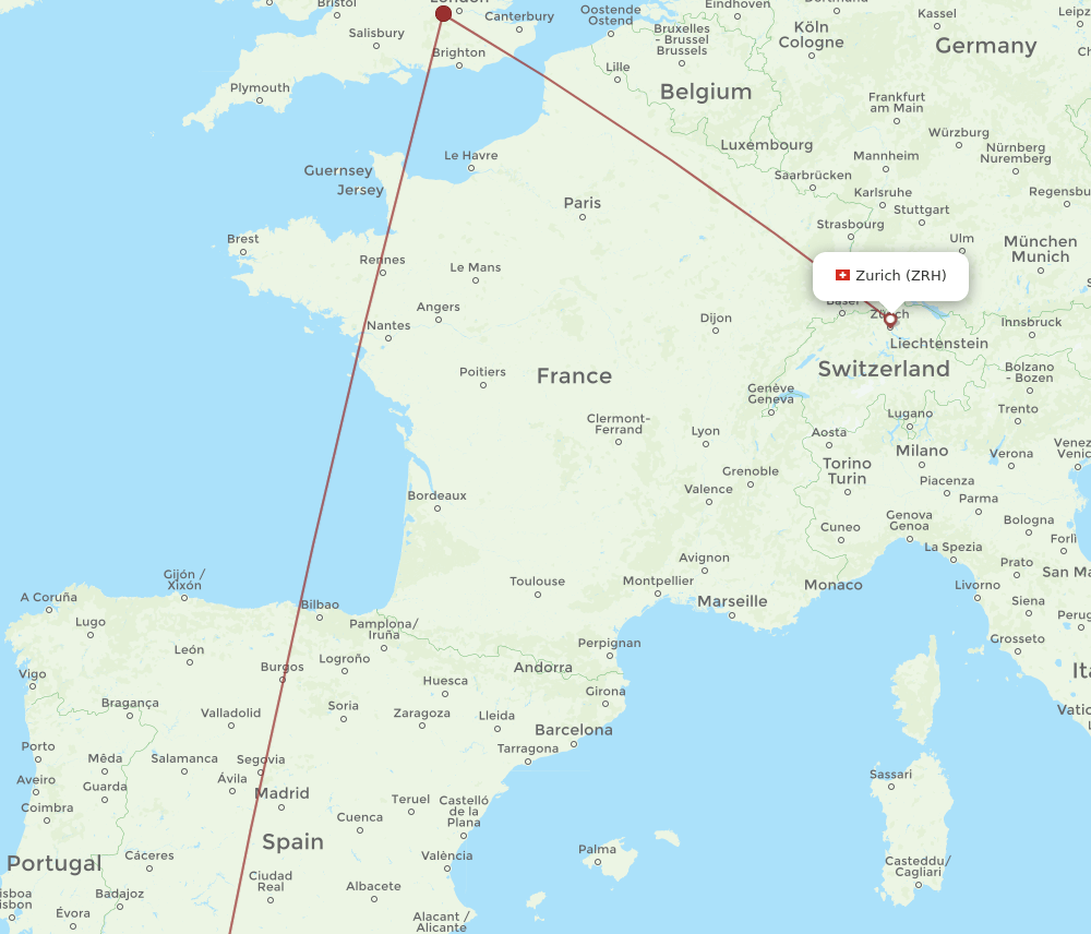 Zurich - Gibraltar route map and flight paths