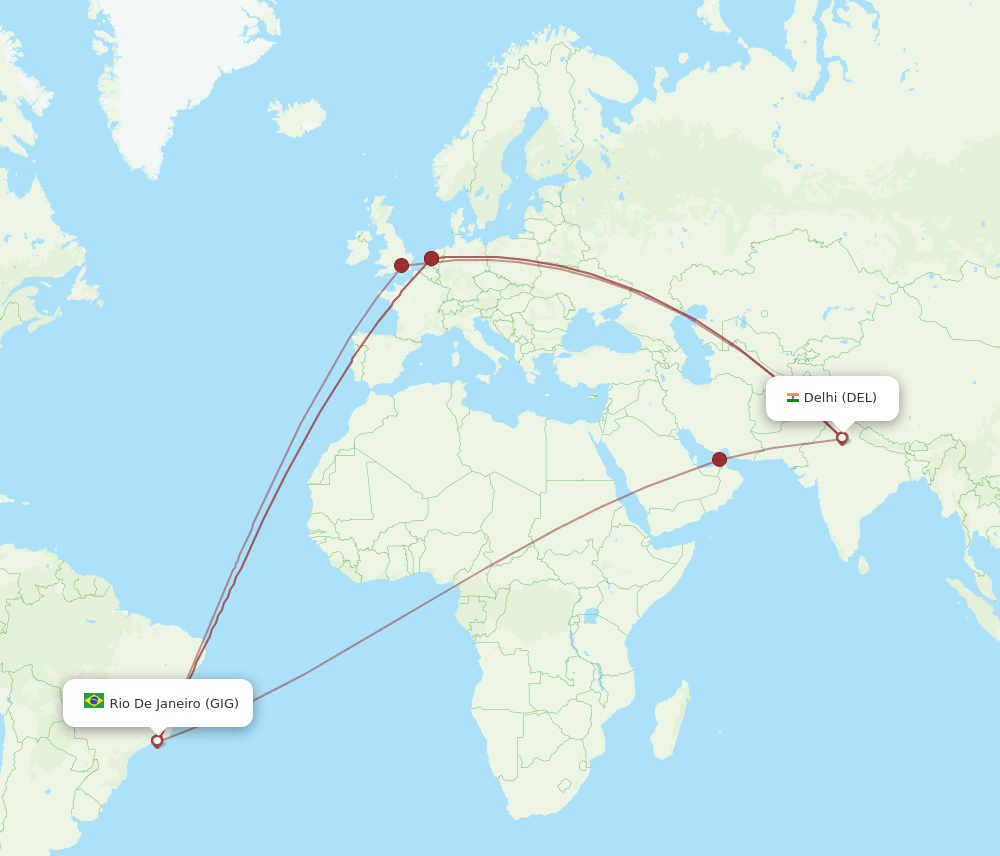 GIG to DEL flights and routes map