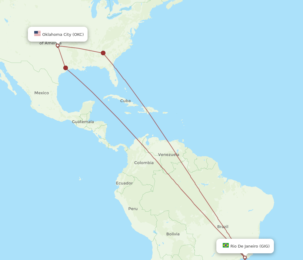 GIG to OKC flights and routes map