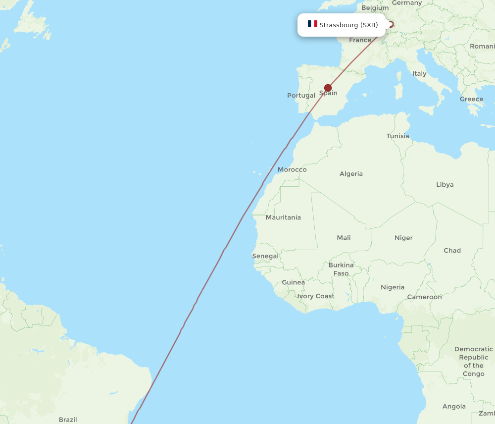 Strasbourg - Rio De Janeiro route map and flight paths