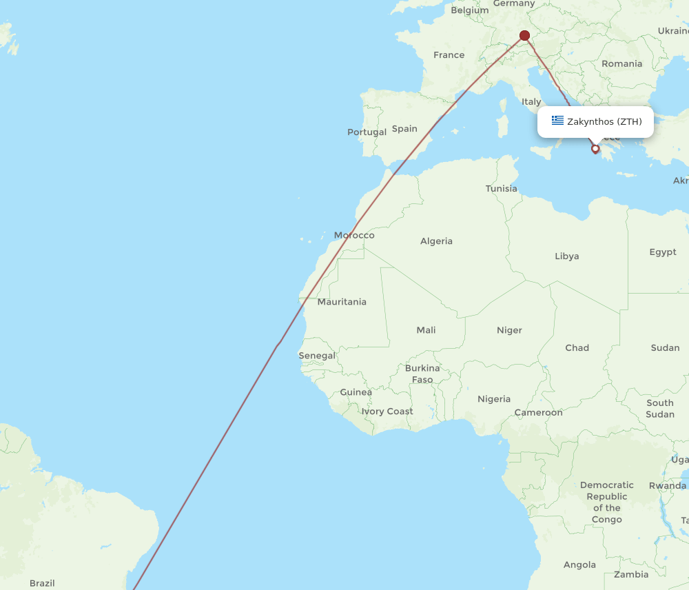 Zakinthos - Rio De Janeiro route map and flight paths