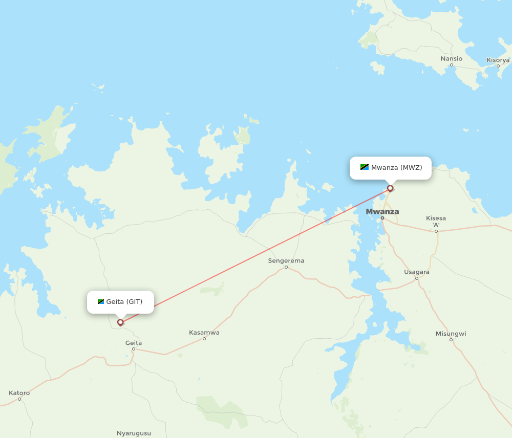 Geita - Mwanza route map and flight paths