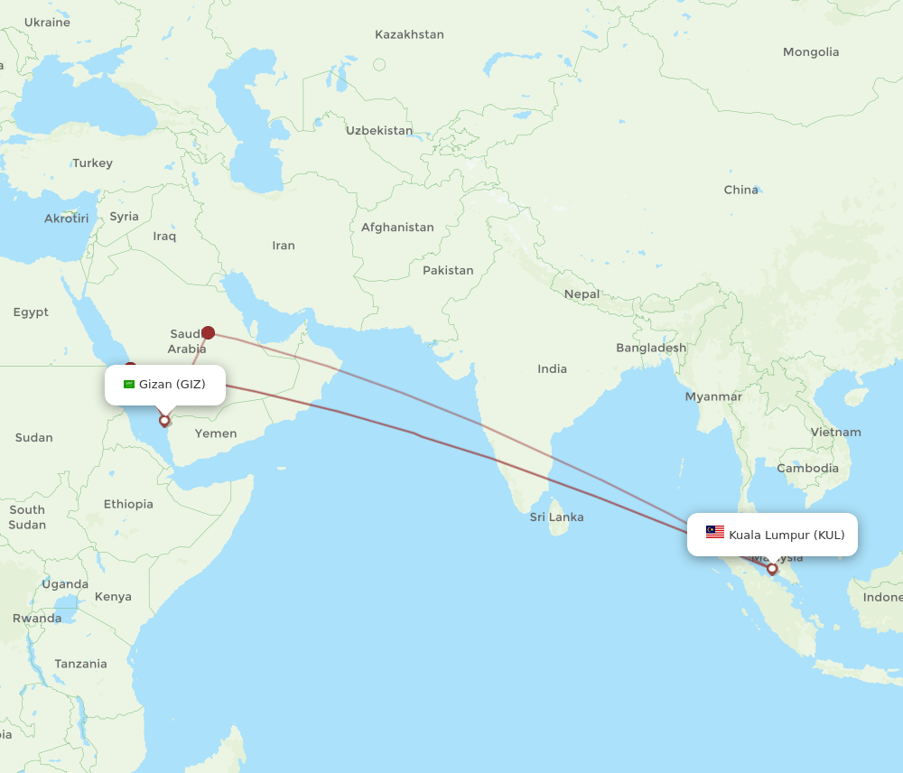 GIZ to KUL flights and routes map