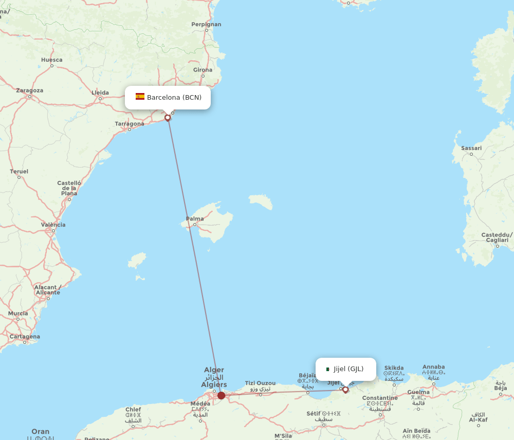 Barcelona - Jijel route map and flight paths