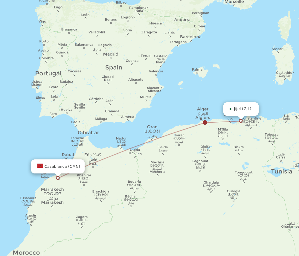 Jijel - Casablanca route map and flight paths