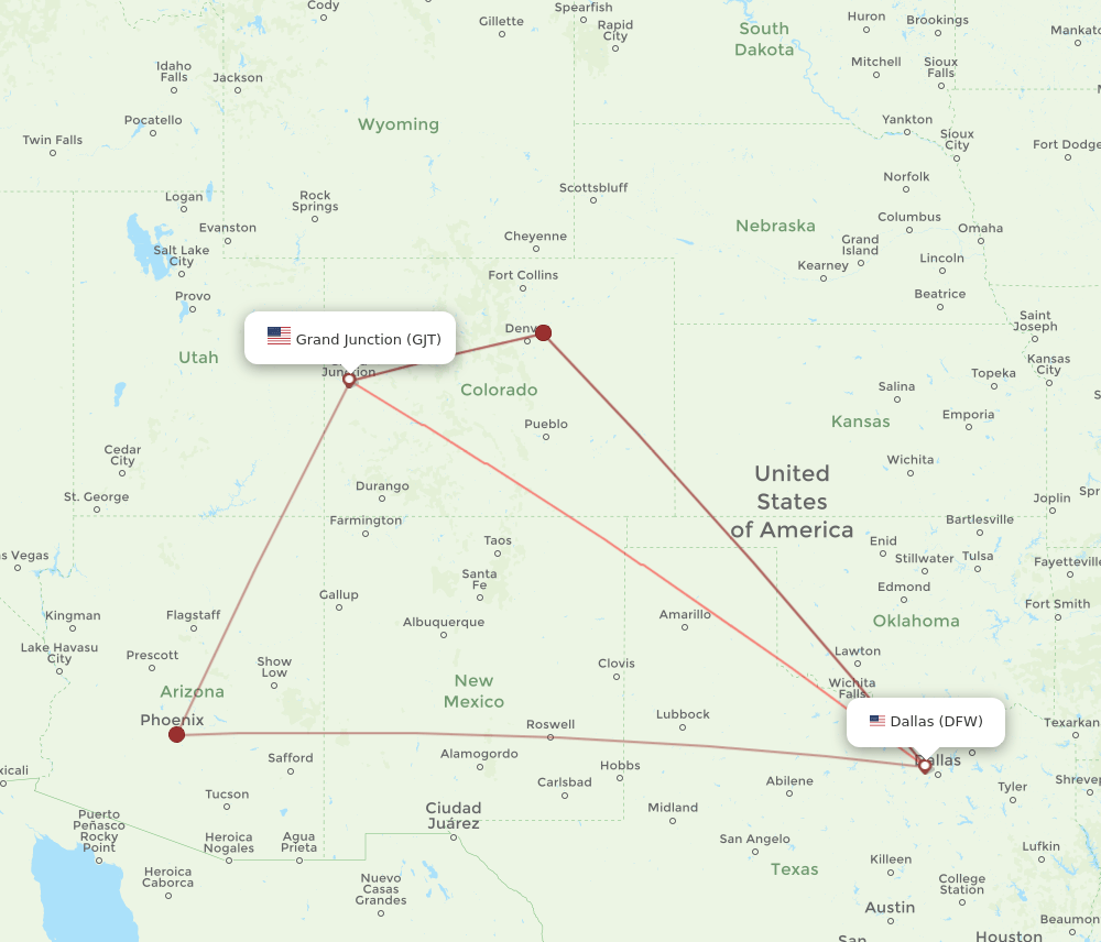 GJT to DFW flights and routes map