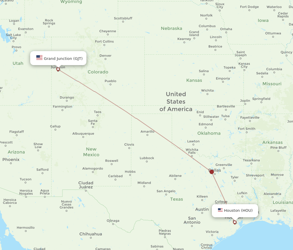 GJT to HOU flights and routes map