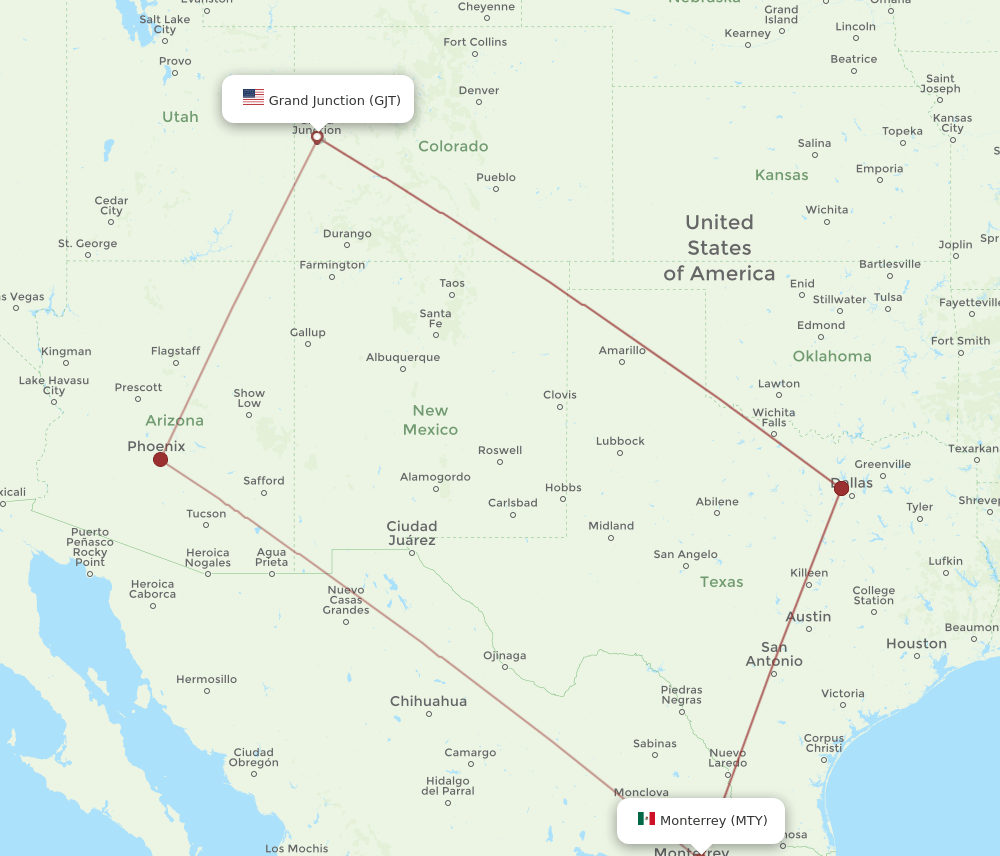 GJT to MTY flights and routes map