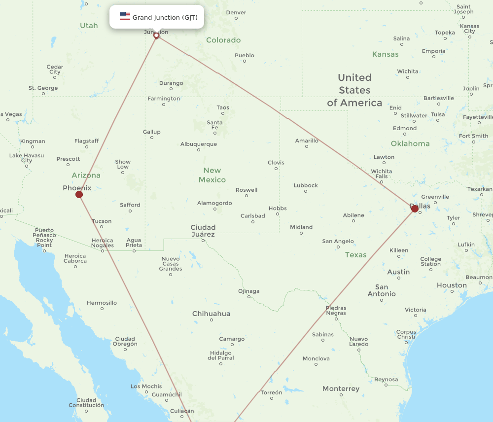 GJT to MZT flights and routes map