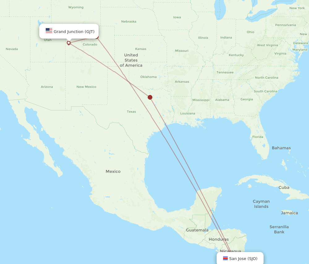 GJT to SJO flights and routes map