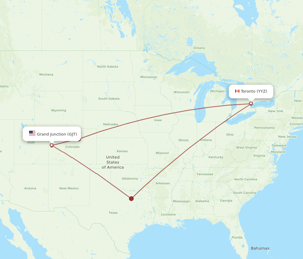 YYZ to GJT flights and routes map