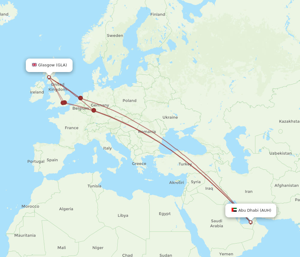 GLA to AUH flights and routes map