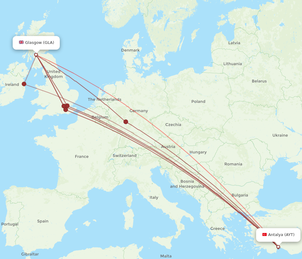 GLA to AYT flights and routes map
