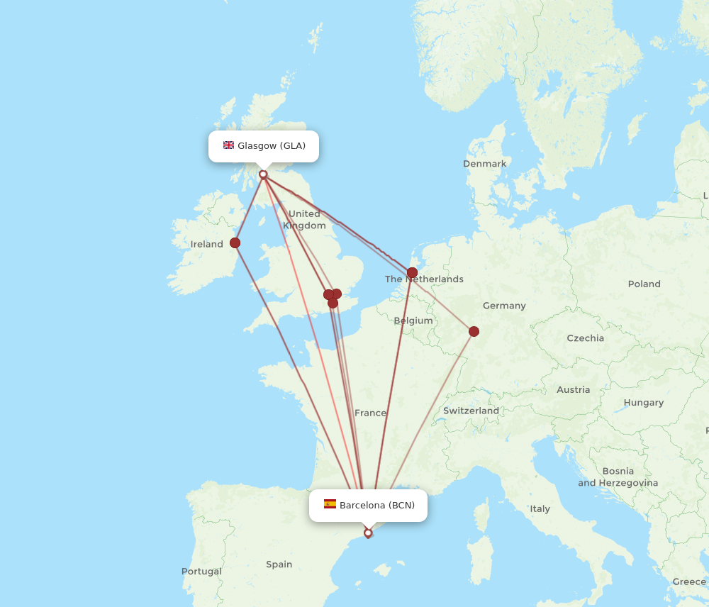 GLA to BCN flights and routes map