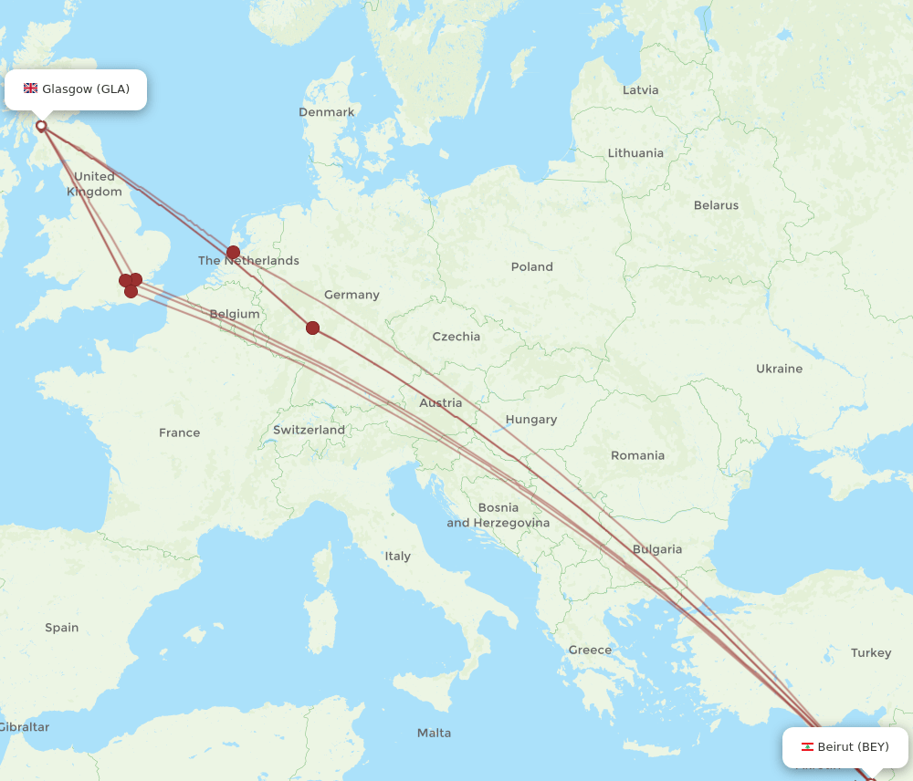 GLA to BEY flights and routes map