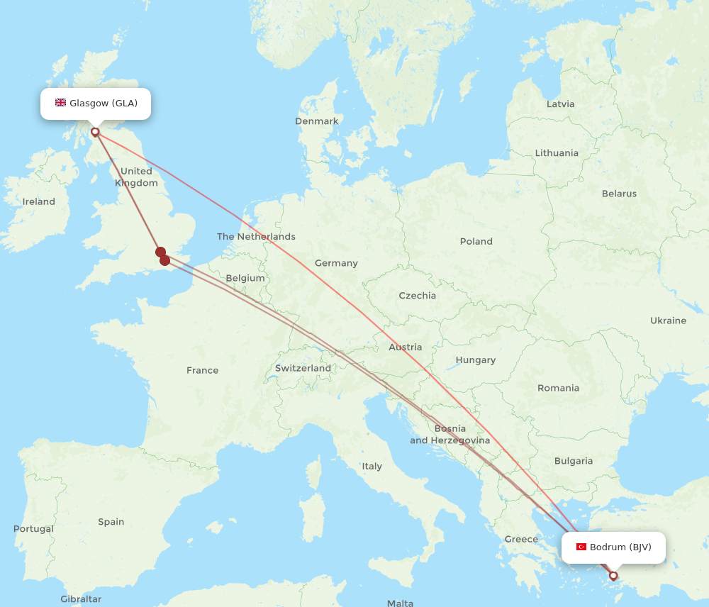 GLA to BJV flights and routes map