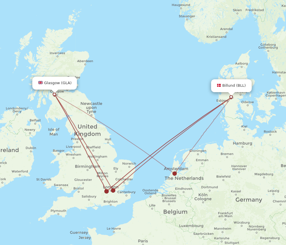 GLA to BLL flights and routes map
