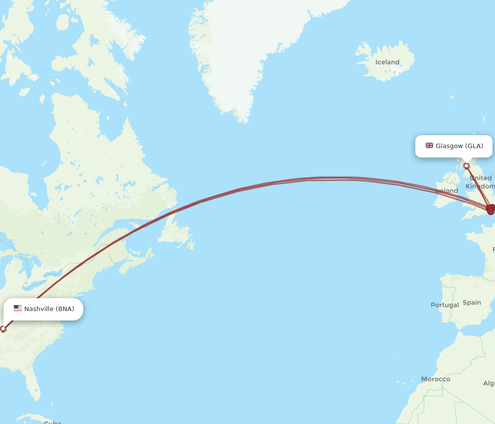 GLA to BNA flights and routes map