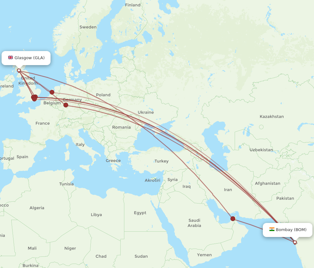GLA to BOM flights and routes map