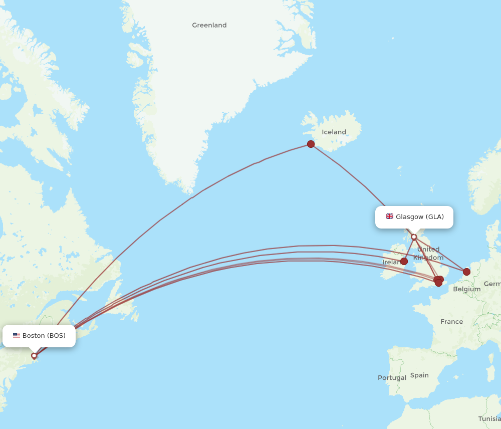 GLA to BOS flights and routes map
