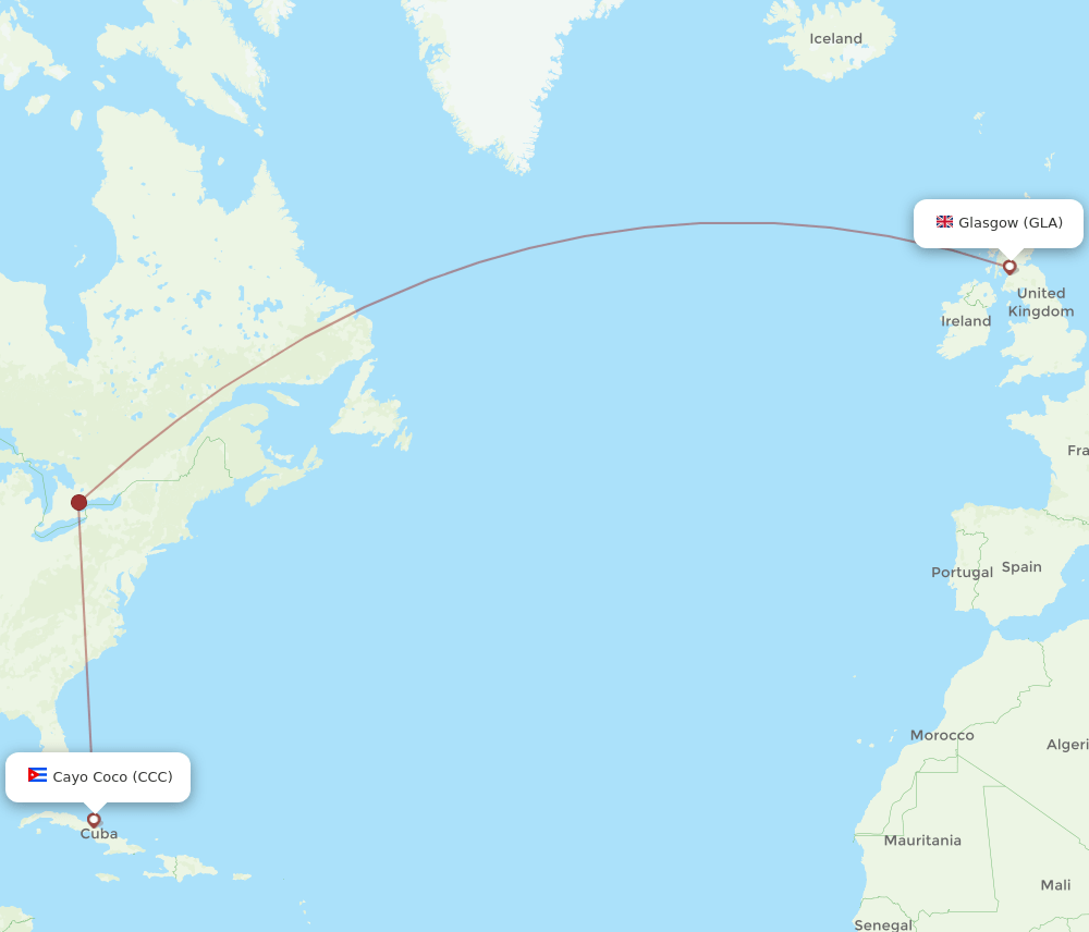 Glasgow - Cayo Coco route map and flight paths