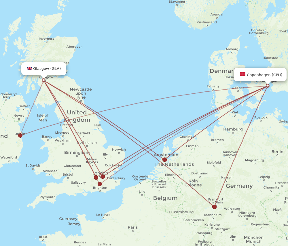 GLA to CPH flights and routes map