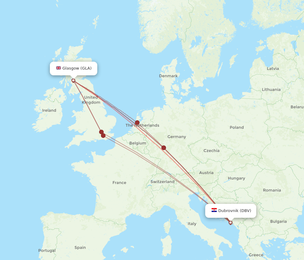 GLA to DBV flights and routes map