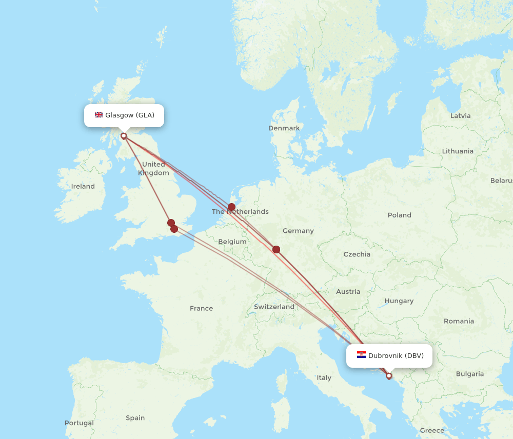 GLA to DBV flights and routes map