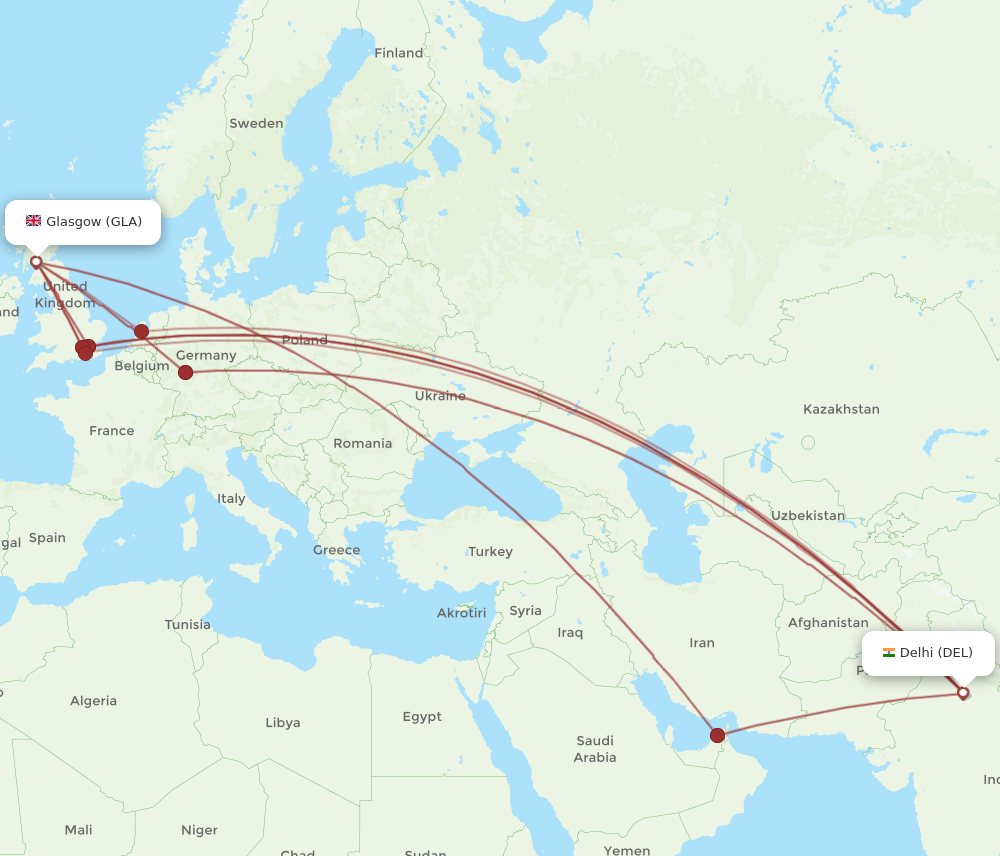 GLA to DEL flights and routes map