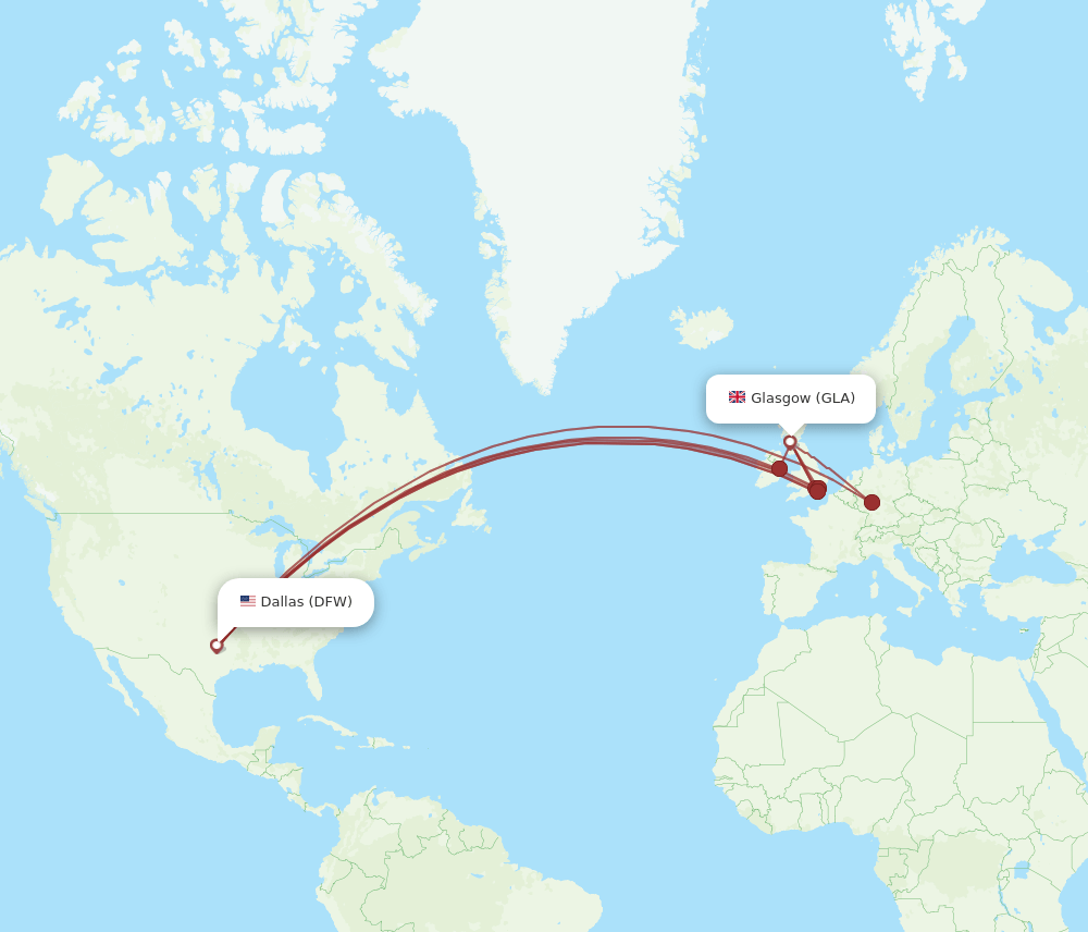 GLA to DFW flights and routes map