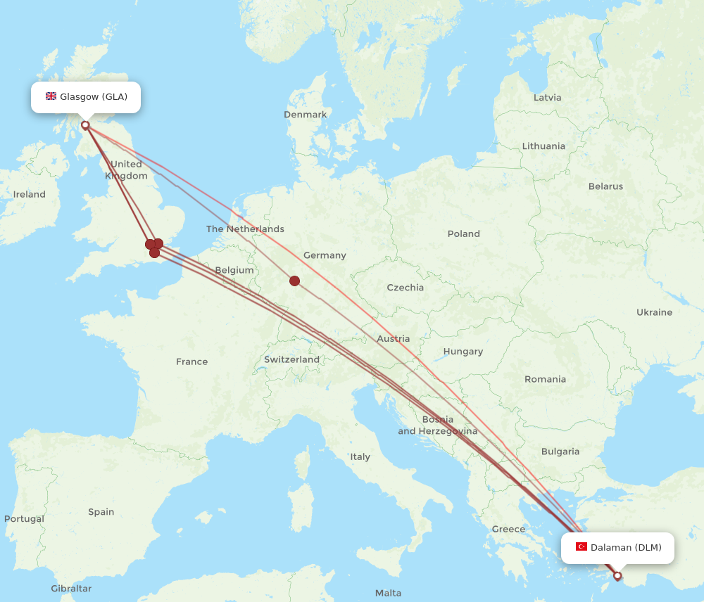 GLA to DLM flights and routes map